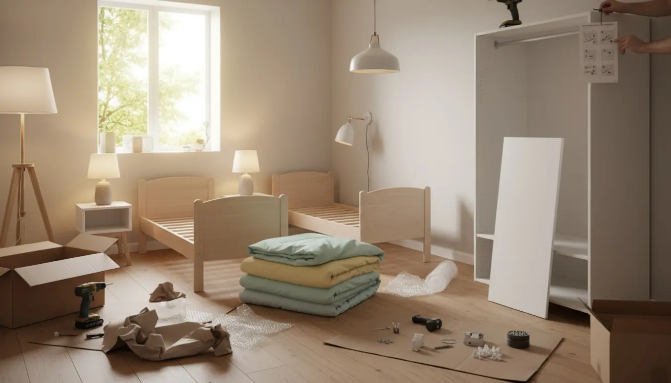 Et lyst værelse under indflytning med åbne kasser, værktøj, to børnesenge og et klædeskab under samling, mens hænder monterer lamper.