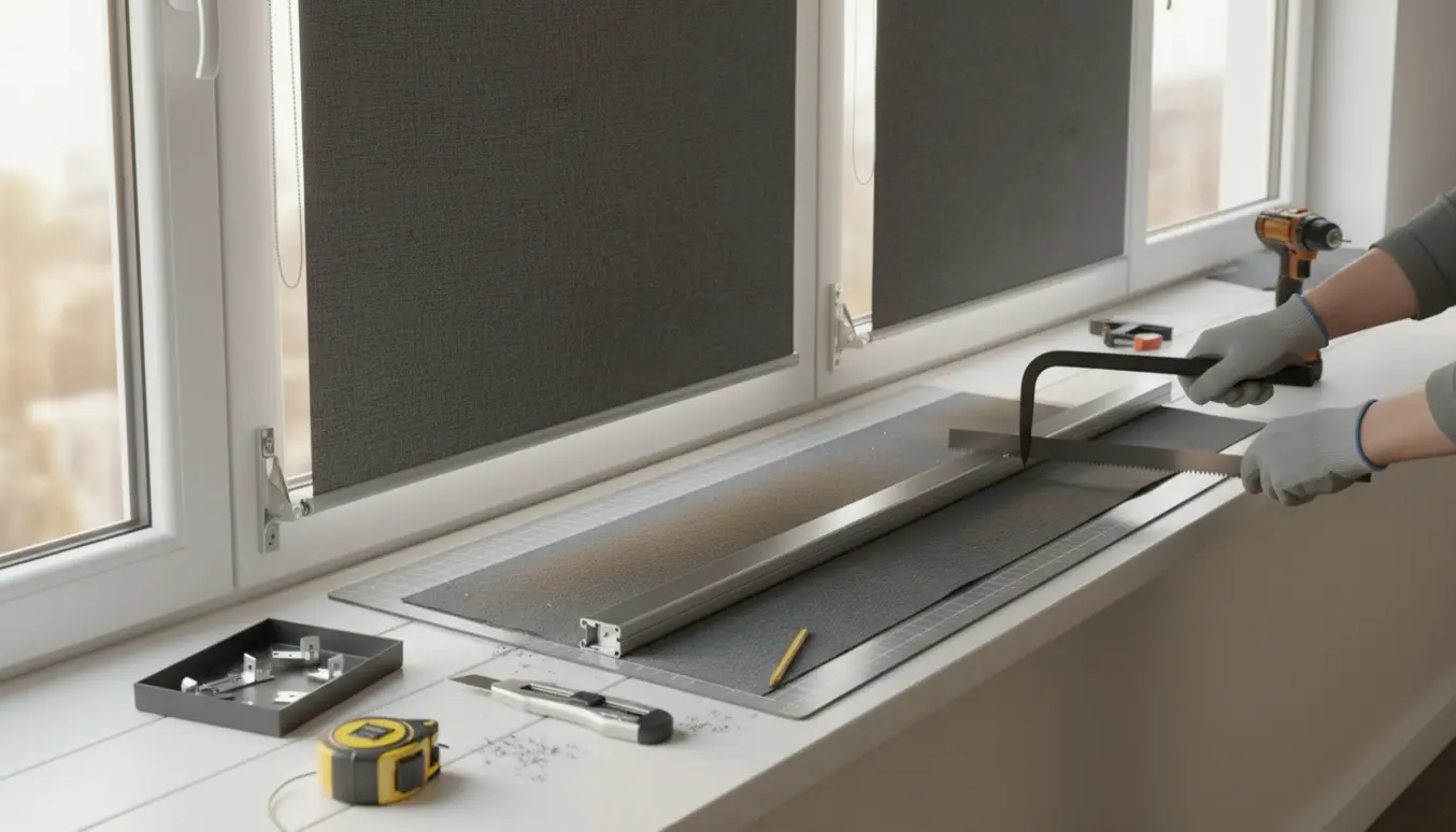 To rullegardiner skæres og tilpasses til nye vinduer på en lys vindueskarm med målebånd, sav og skruetrækker.