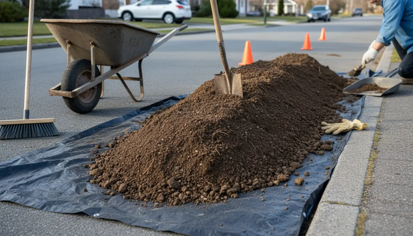 Lav bunke opgravet jord på et kraftigt plastikunderlag ved vejkanten, klar til fjernelse med trillebør og kost.