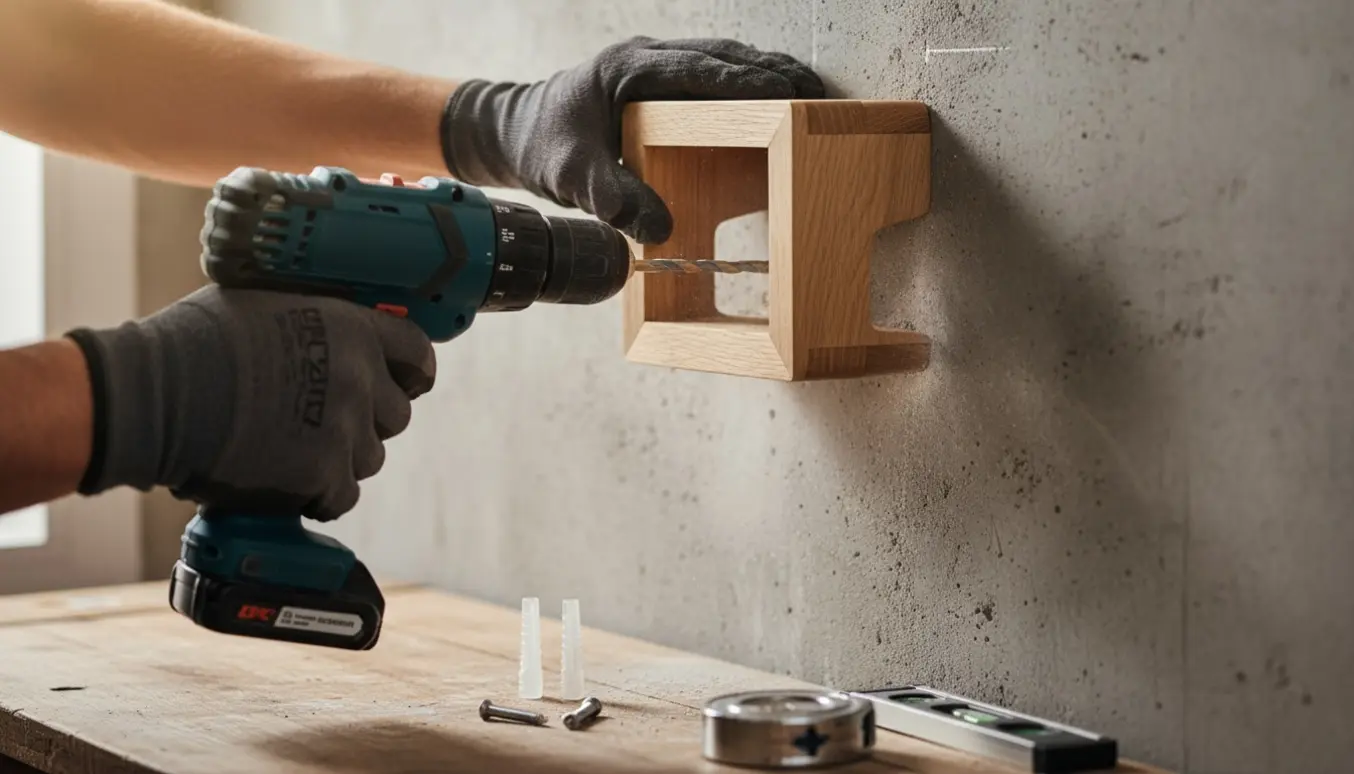 Hænder med slagboremaskine borer i massiv beton for at ophænge en lille vinreol, med rawlplugs og skruer ved siden af.