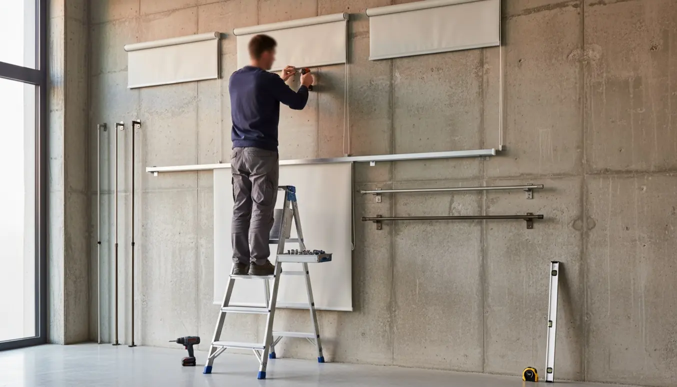 Nogen monterer persienner og gardinstænger på en rå betonvæg med værktøj og en stige.