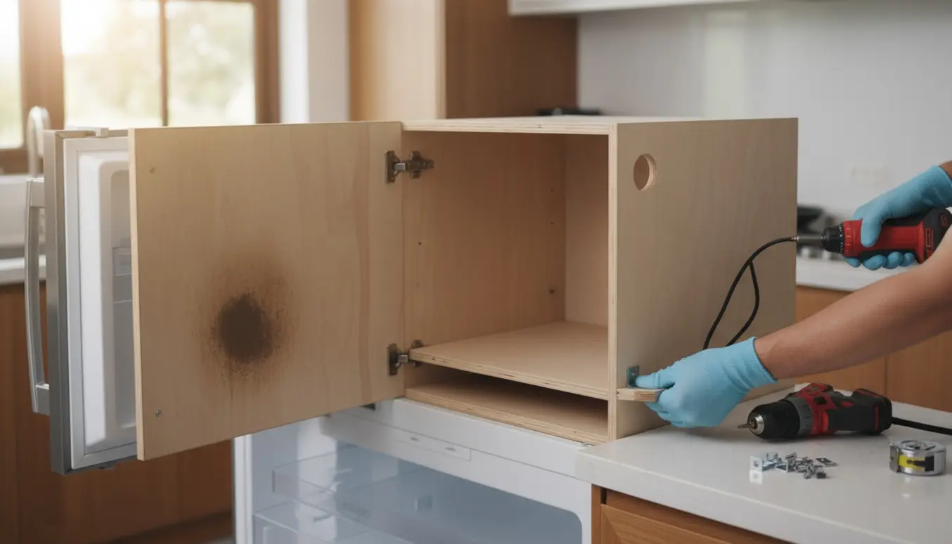 Køleskabet trukket ud, en ny hylde sættes ind med borehul i bageste højre hjørne og værktøj ved siden af.