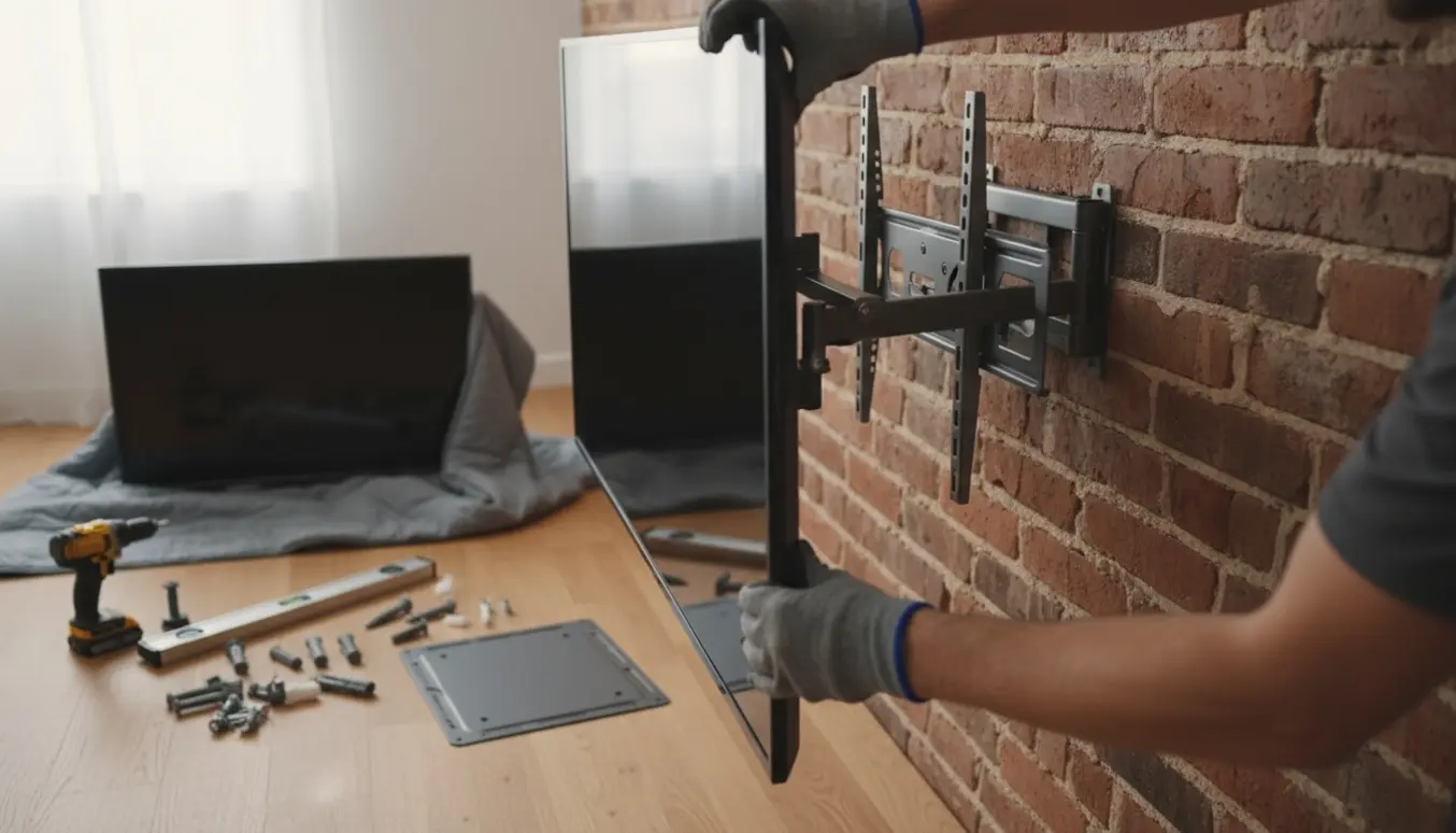 Hænder monterer et 58-inch TV med drejearm på en muret væg, mens et nedtaget 65-inch TV ligger beskyttet på gulvet.