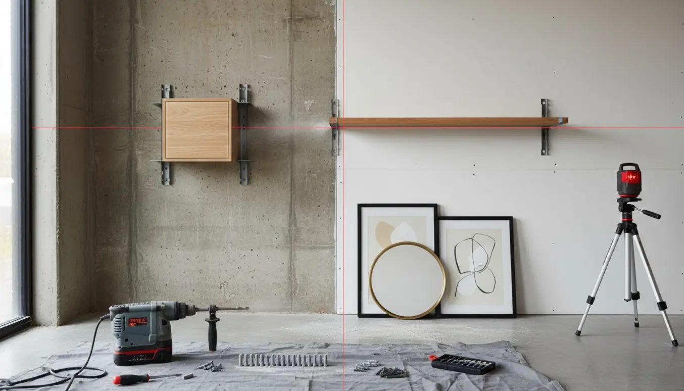 Hænder med slagboremaskine og krydslaser på en beton- og gipsvæg, mens hylde, spejl og opbevaringsmodul monteres.