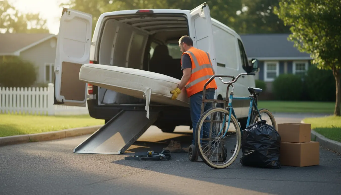 En person læsser en stor madras og en cykel i en hvid varevogn ved fortovet til bortkørsel.