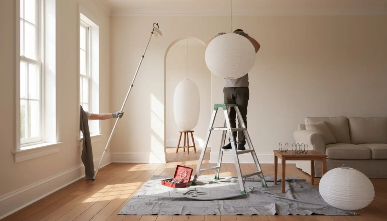 Nedtagning af tre rispapirslamper fra høje lofter med stige, teleskopstang og handsker, alt i blødt naturligt lys.