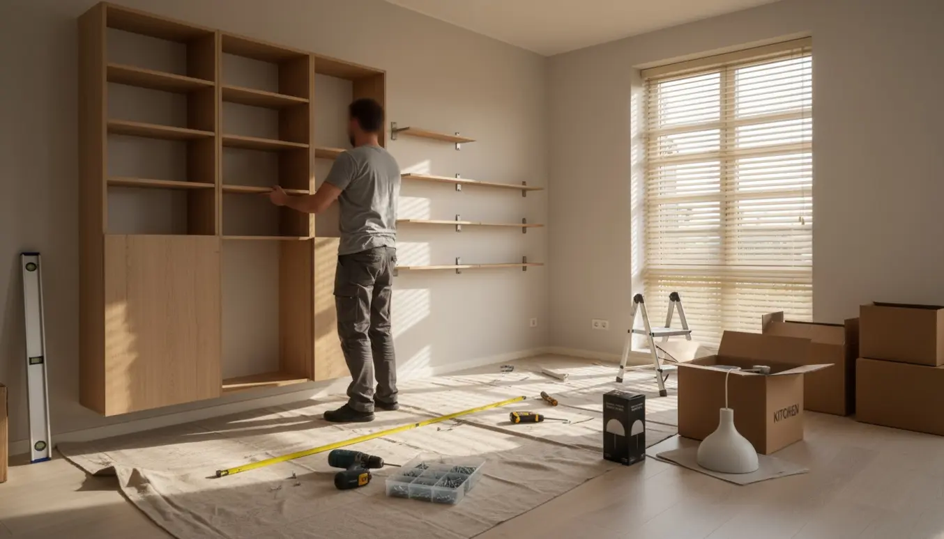 Montage af reolskabe, persienner og galleri hylder i en lys, ny lejlighed.