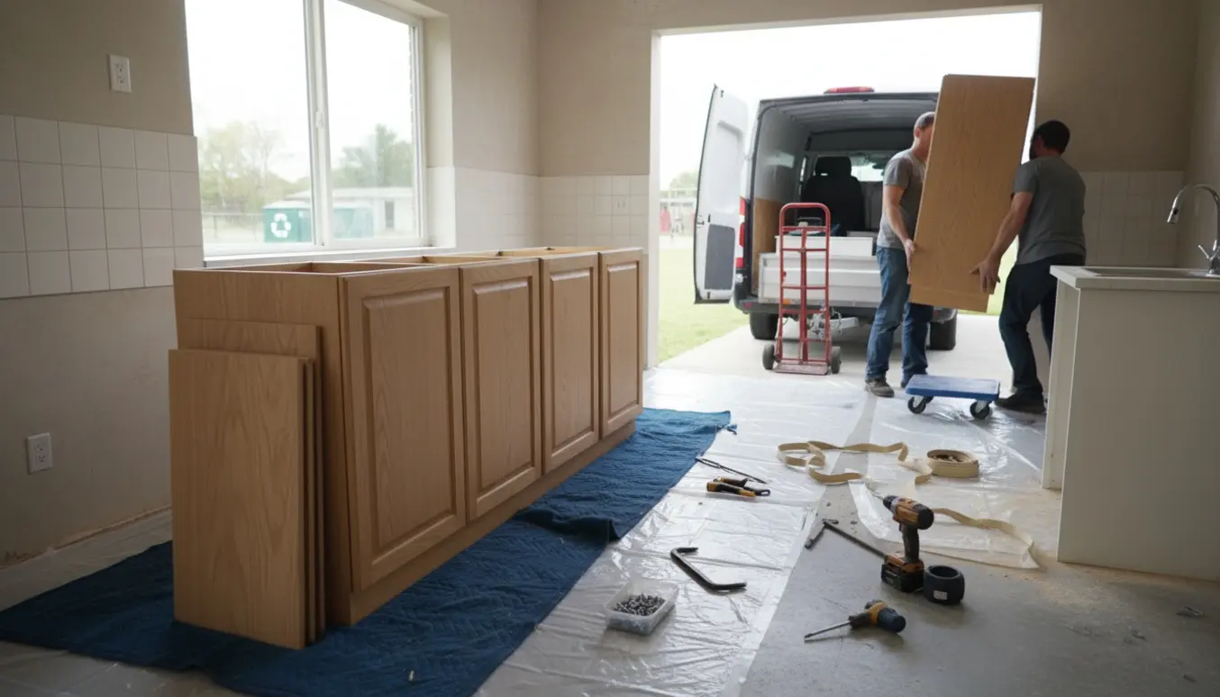 Afmonterede højskabe og køkkendele stablet ved åben dør klar til kørsel til genbrugsplads.