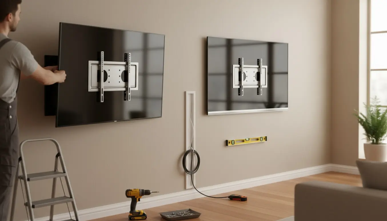 To tv monteres på en stuevæg; det ene på et drejeligt beslag, det andet på et fast beslag.