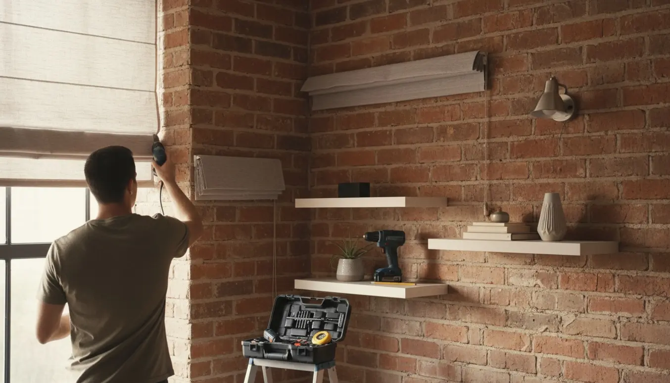 Hænder monterer to rullegardiner, lampe og tre hylder på en rå murstensvæg i en lys lejlighed.