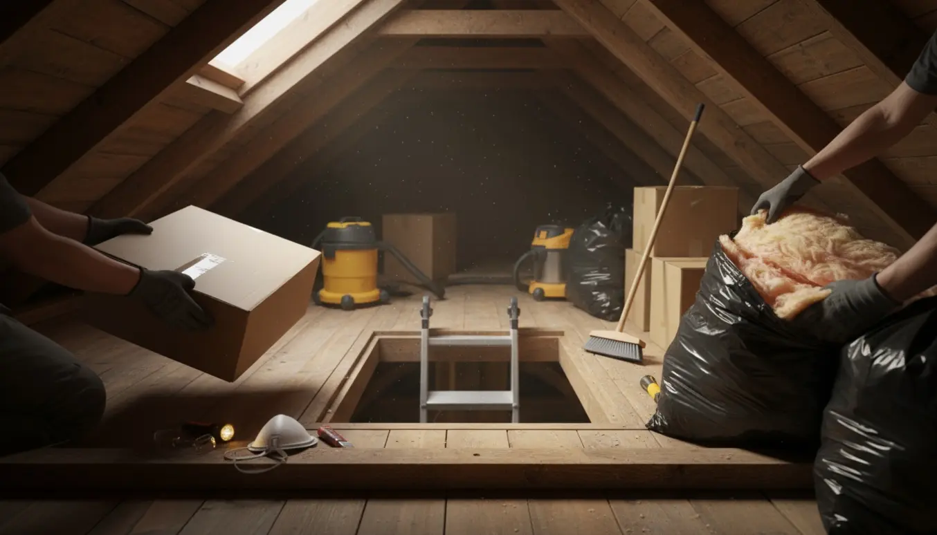 To arbejdere uden synlige ansigter rydder isolering og kasser fra et åbent loftrum ved en loftsluge.