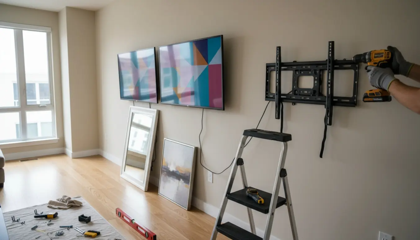 Tekniker monterer tre fjernsyn på en væg, mens et spejl og et billed er klar til ophæng i et lyst, moderne rum.