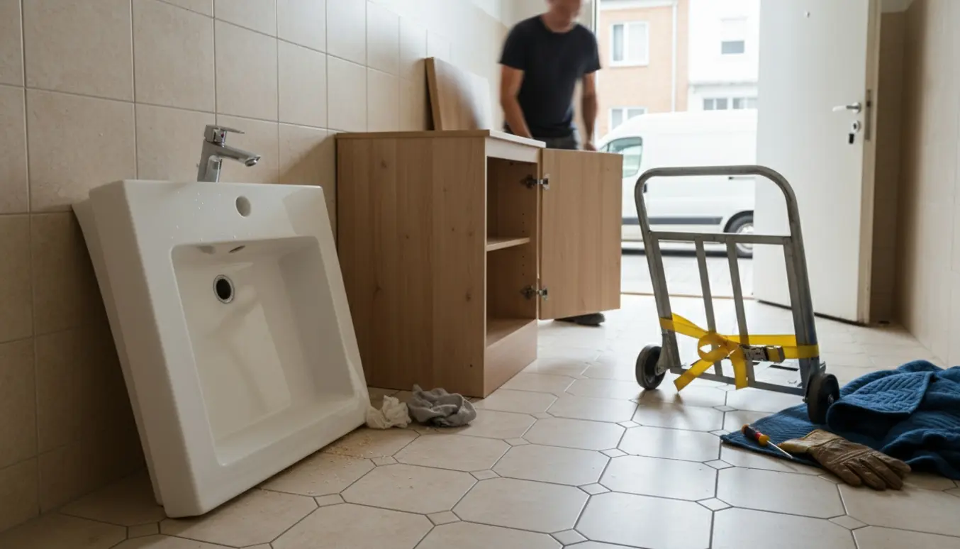 Løst badmøbel med bordplade og integreret vask klar til afhentning og afskaffelse.