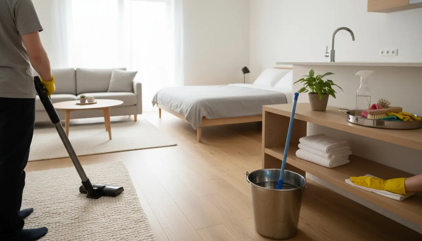 Minimalist 90m2 lejlighed under rengøring med støvsugning, gulvvask og afstøvning i lyst skandinavisk interiør.