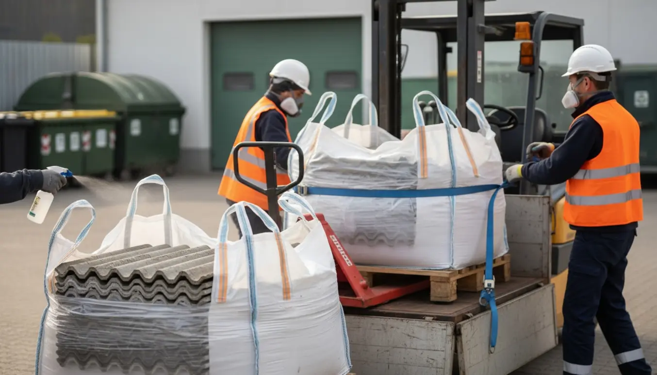 Bigbags med eternitplader lastes på en lille lastbil, arbejdere med sikkerhedsudstyr ses bagfra.