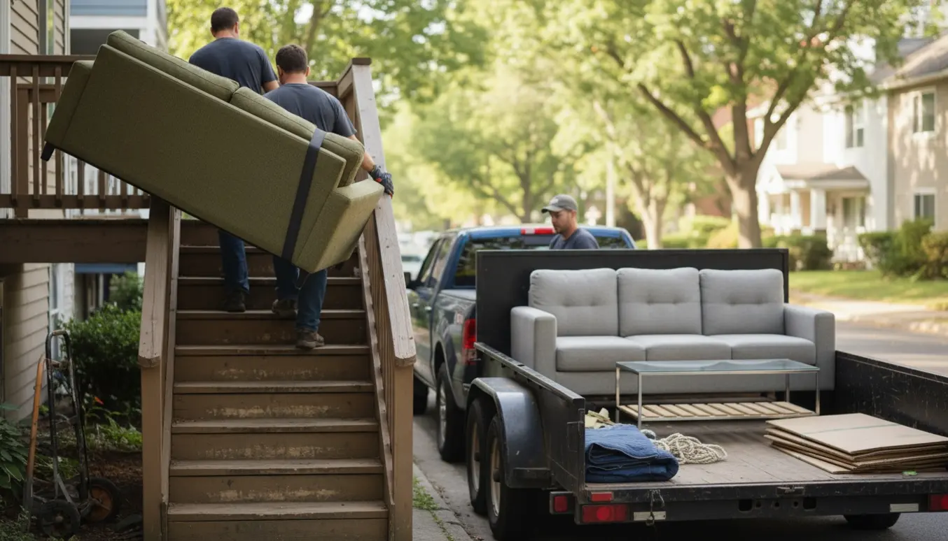Flyttefolk bærer to sofaer og et sofabord ned ad en udvendig trappe mod en parkeret trailer.