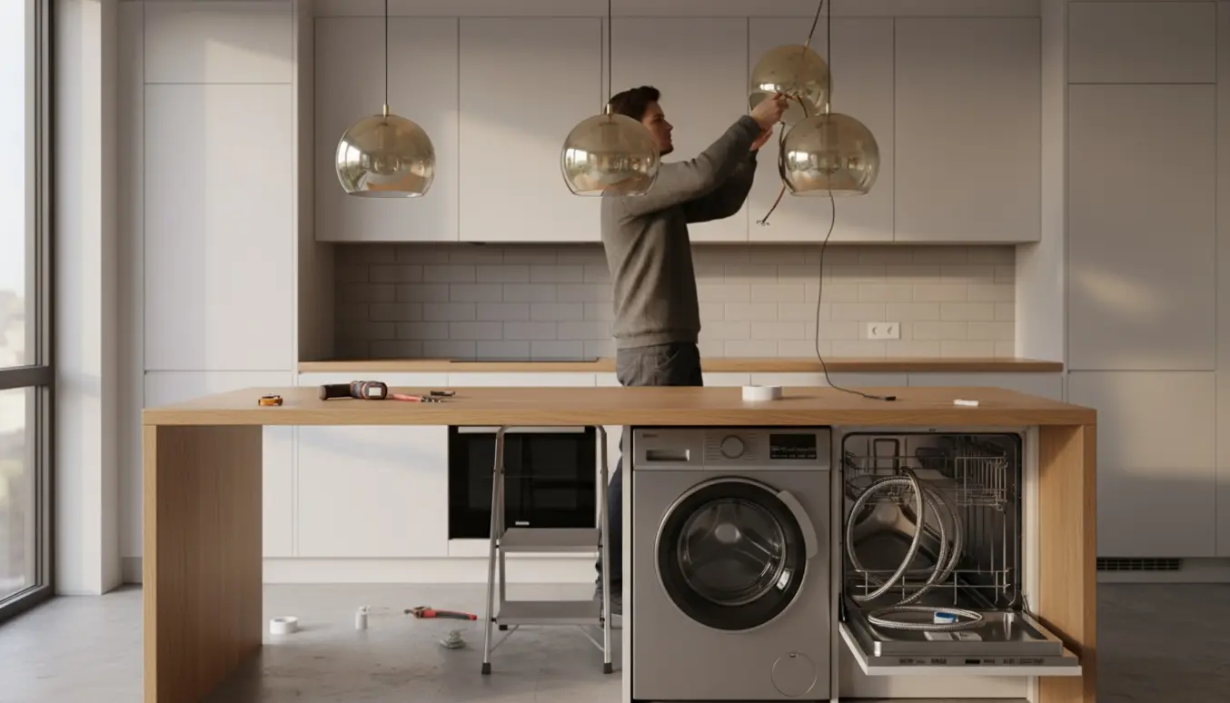 Tekniker monterer den fjerde loftlampe i et køkken, mens opvaskemaskine og vaskemaskine er delvist installeret.