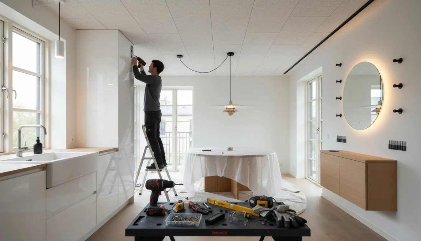 Åbent hjem med montage af vitrineskab, skoskab, spejl, loftlamper og gardinstang, værktøj og hænder i arbejde.