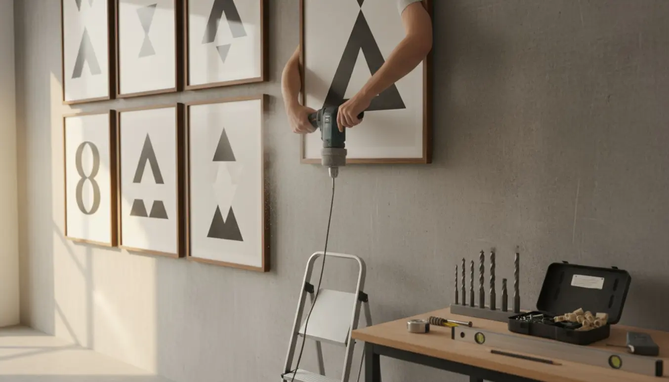 Nærbillede af opsætning af flere indrammede plakater på en betonvæg med slagboremaskine og værktøj.