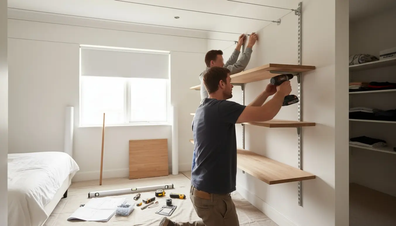 Håndværker monterer to rullegardiner, fem stålwirer i loftet og to 120 cm hylder på en væg.