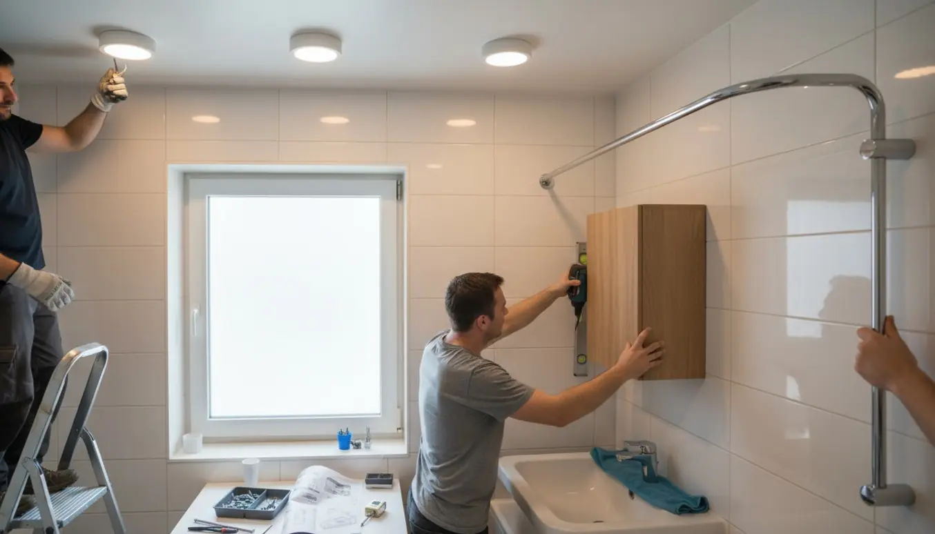 Hænder monterer et lille badeværelsesskab, opsætter en brusestang og installerer tre loftslamper i et badeværelse.