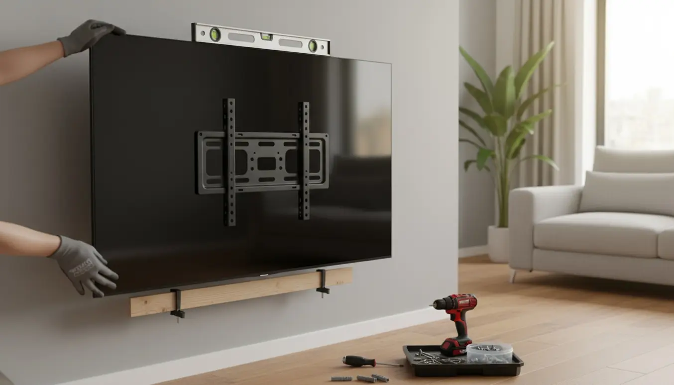 Et stort fladskærms-tv monteres på væg med beslag, skruer og en træklods som højdeafmærkning.