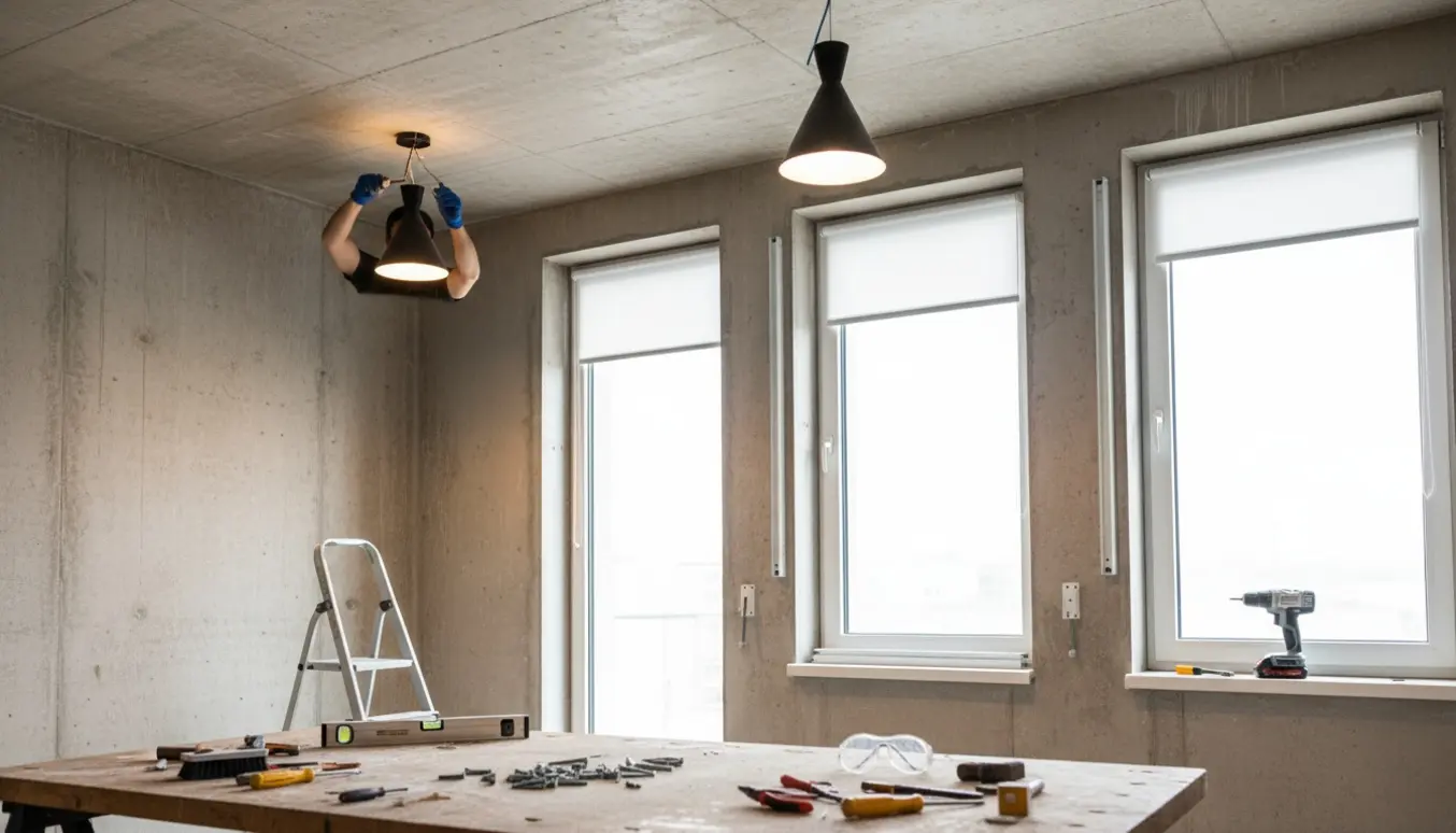 Installation af to loftlamper og tre rullegardiner på betonvæg, værktøj og håndværker i arbejde.