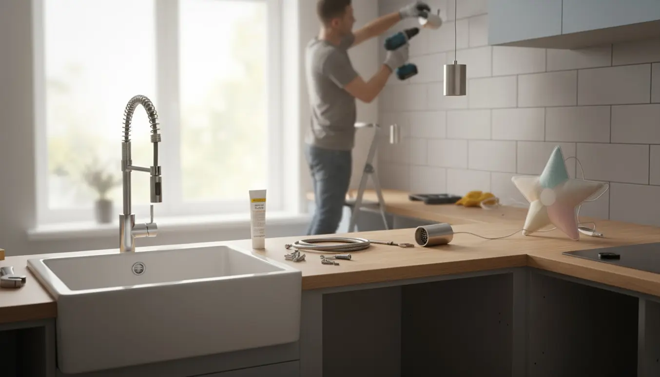 Montering af to små køkkenlofter og en børnelampe samt opsætning af håndvask og skab i et lyst køkken.