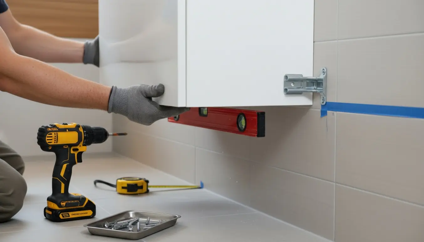 Hvidt badeværelsesskab monteres på en flisevæg med boremaskine, vaterpas og monteringsbeslag.