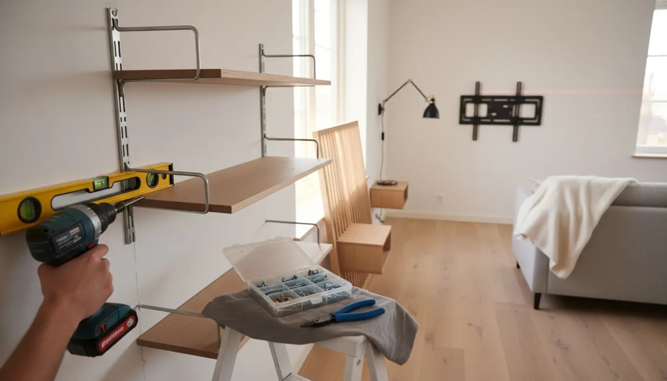 Hænder monterer lamper, Montana-reoler og TV-ophæng i en lys skandinavisk stue med værktøj på en stige.
