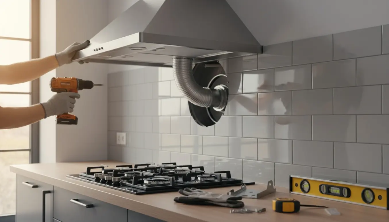 Nyt væghængt emhætte monteres i køkken med værktøj og synlig udsugningskanal.