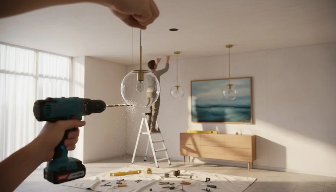 Montage af to loftslamper, ophængning af et stort maleri og opsætning af et skostativ i en lys entré.