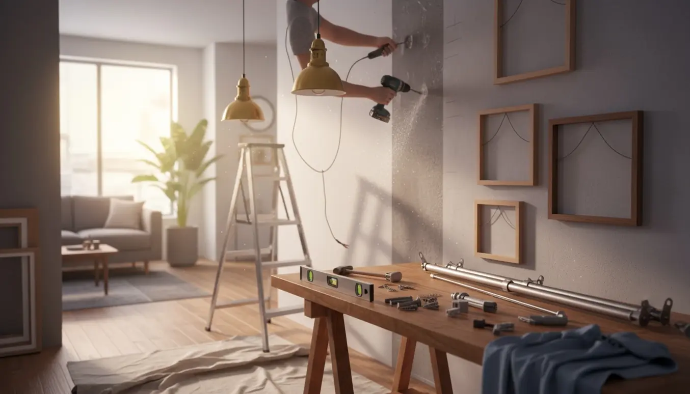 Hænder monterer to lamper, hænger billeder op og sætter en gardinstang på en væg i en stue.