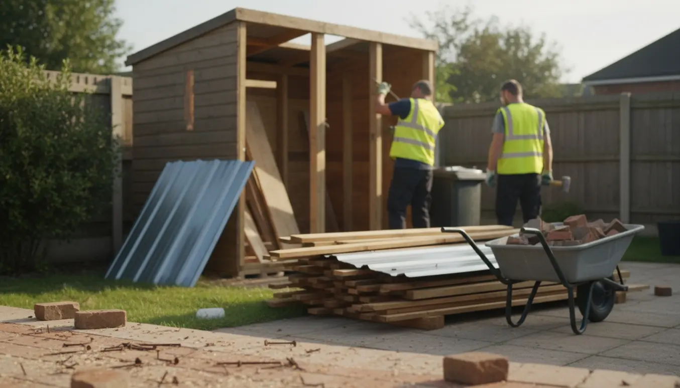 Delvist nedrevet haveskur med bunker af træ og metal og en container til bortskaffelse.