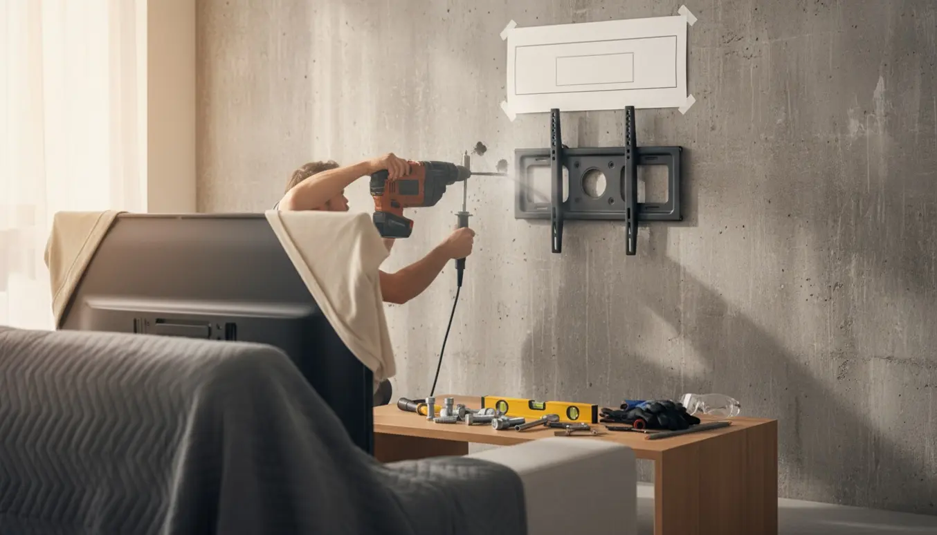 Opsætning af TV‑ophæng på betonvæg med værktøj og et fladt TV klar til montering.