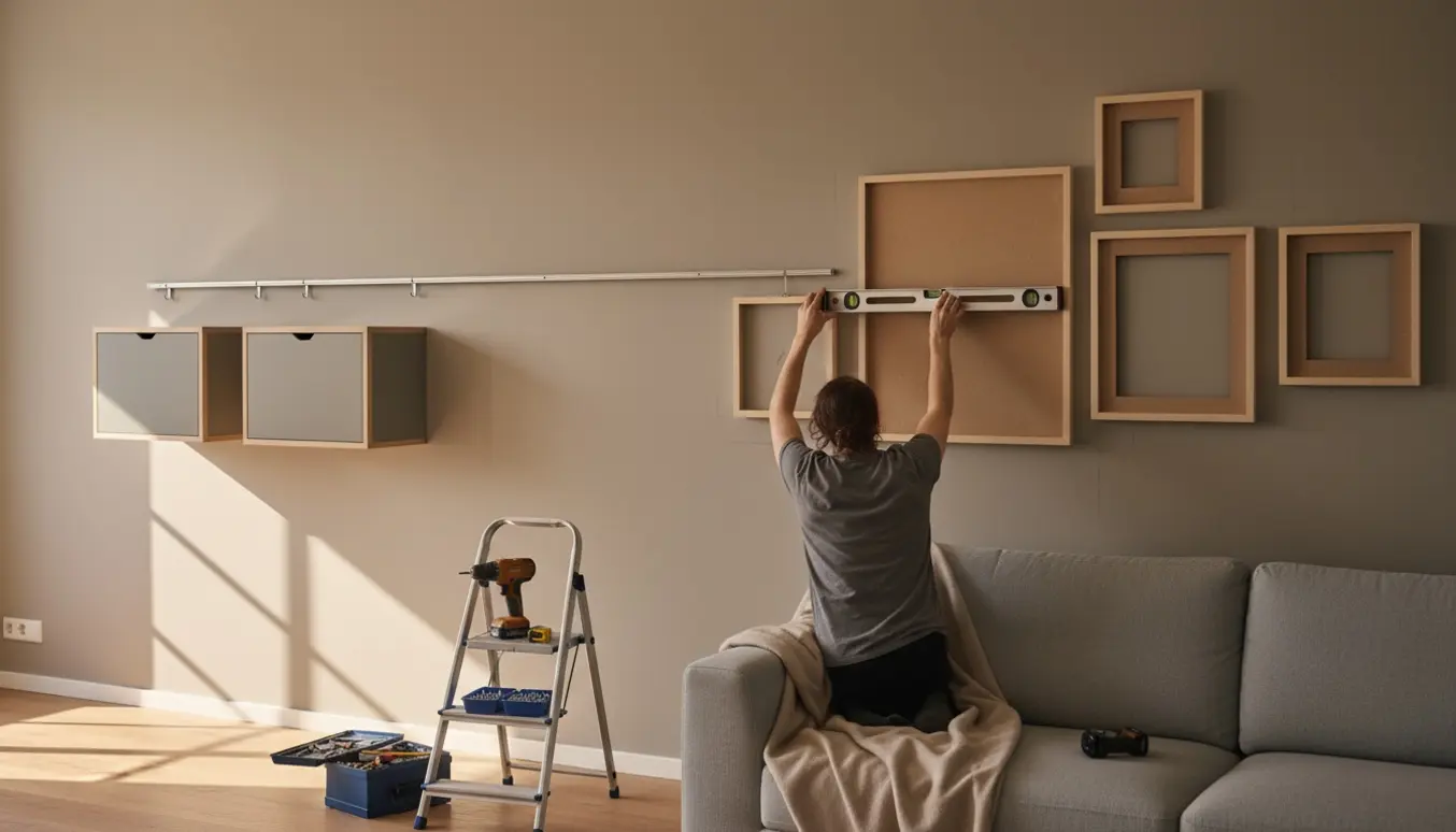 Lang væg med to ophængte montanaskabe og mindst seks billedrammer, værktøj og hænder der justerer en ramme.