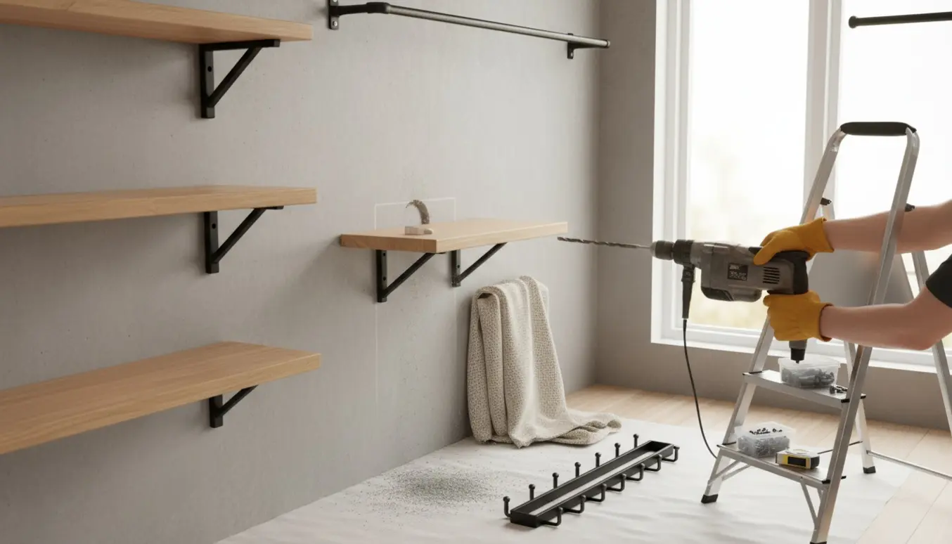 Nærbillede af opsætning af hylder, gardin og knagerække på en betonvæg med boremaskine, rawlplugs og stige.