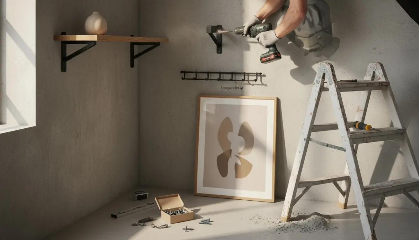 Hænder borer i betonvæg fra en stige for at opsætte hylder, knagerække og billedramme med værktøj ved siden af.