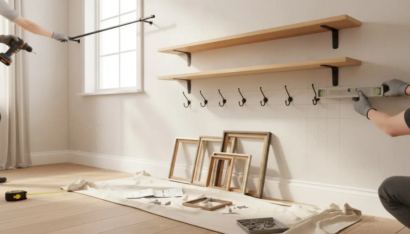 Nærbillede af ophængningsarbejde med hylder, knager, billedrammer og gardinstang ved en væg og værktøj.