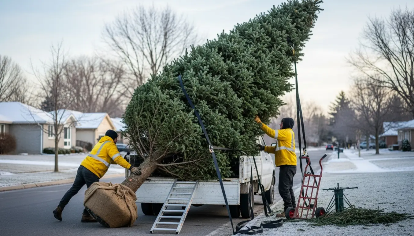 Et stort juletræ på cirka 3,3 meter læsses på en varevogn til afhentning.