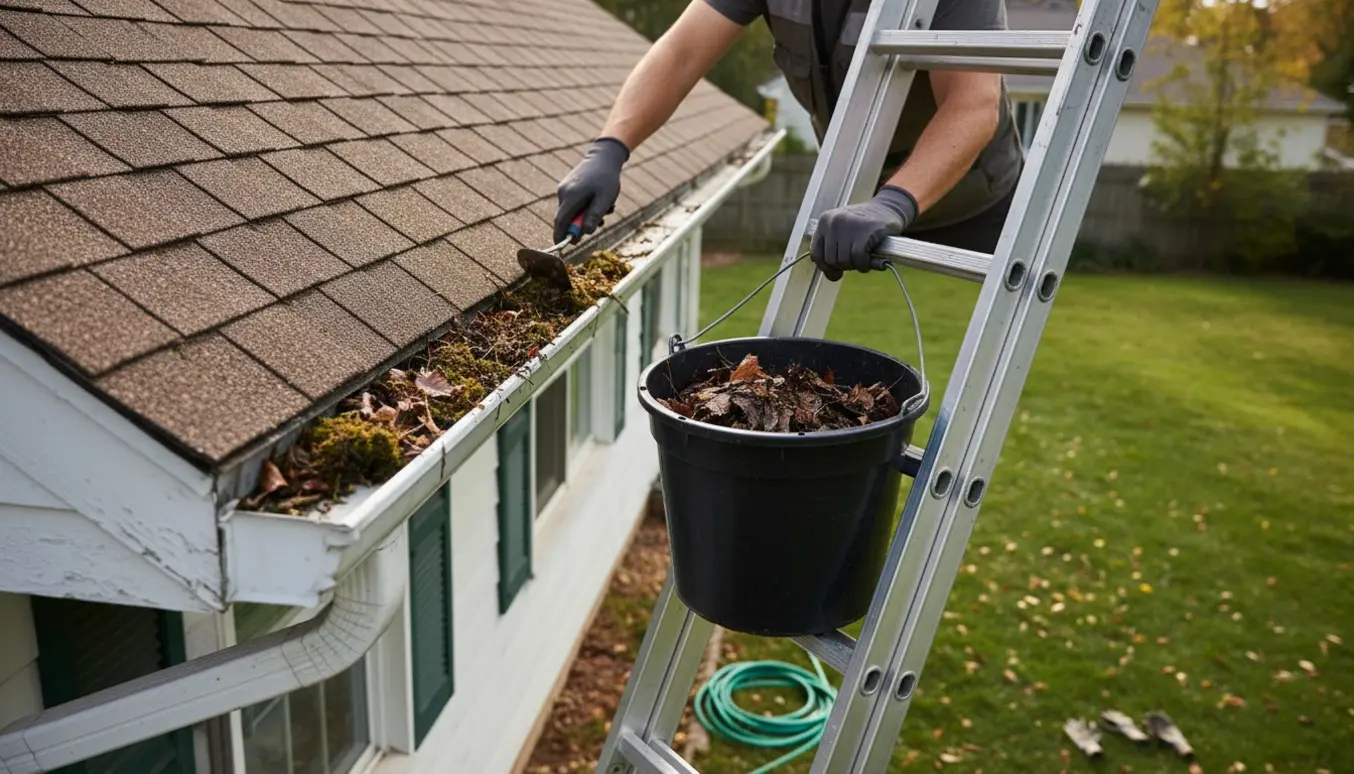 Nærbillede af en person med handsker, der fjerner blade og mos fra en tagrende på et lille parcelhus.