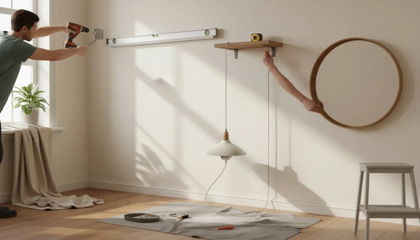 Hænder monterer to hvide gardinskinner, en lille træreol, lampe og et spejl på en lys væg.