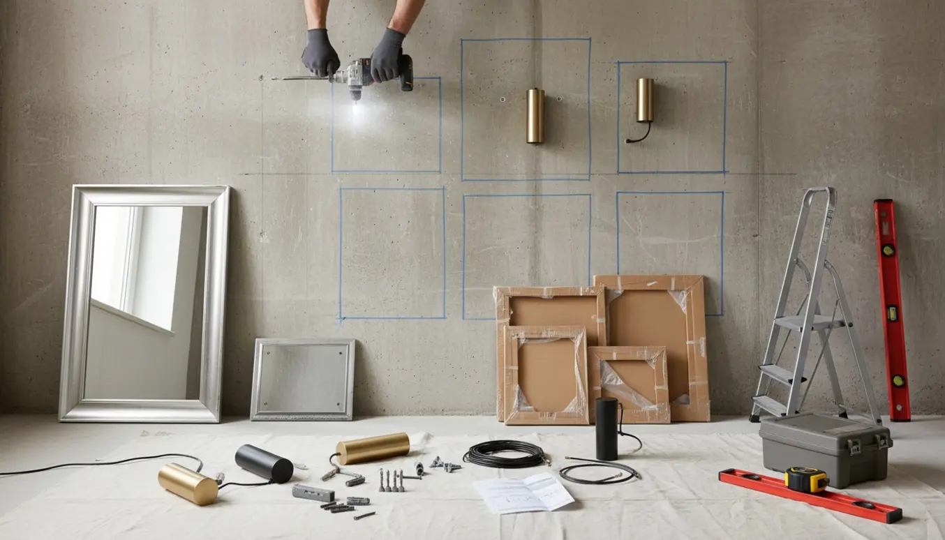 Hænder borer i en betonvæg for at montere lamper, spejl og hylde, med malertape der markerer placeringen af rammer og værktøj ved siden af.