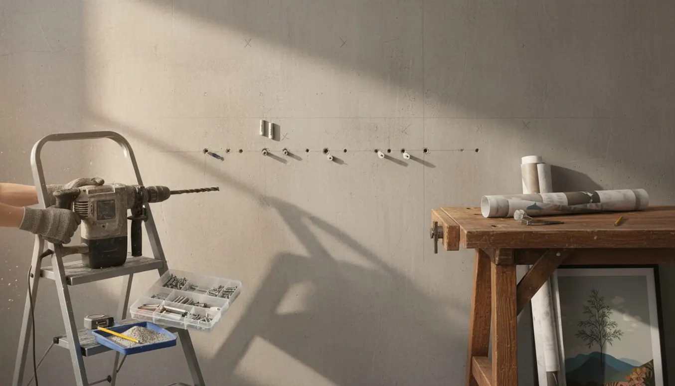 Betonvæg med markerede prikker, borehuller og en borehammer klar med rawlplugs til ophængning af plakater.