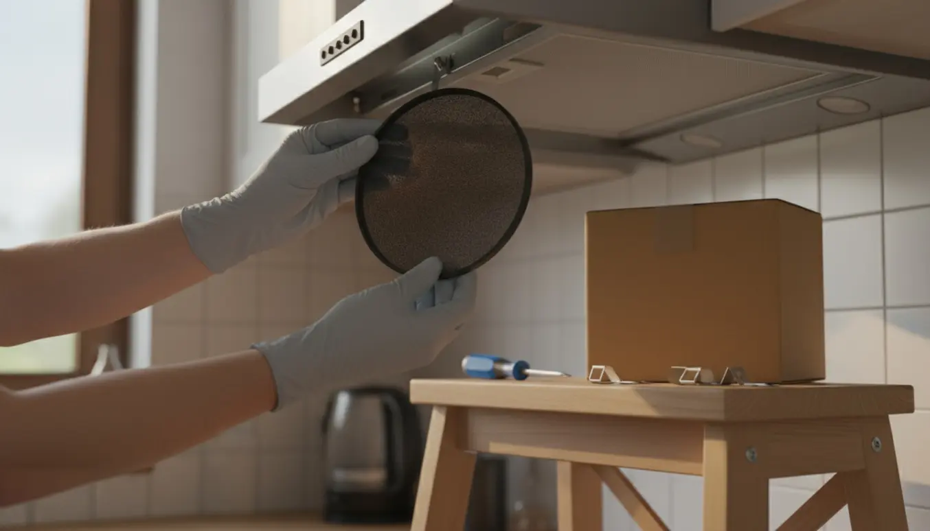 Hænder monterer et rundt kulfilter i undersiden af en rustfri emhætte i et lyst køkken.