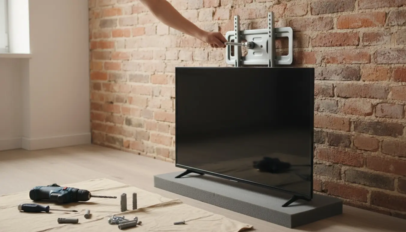 En håndværker monterer et 55-tommer fladskærms-tv på en murstensvæg med beslag, boremaskine og rawlplugs.