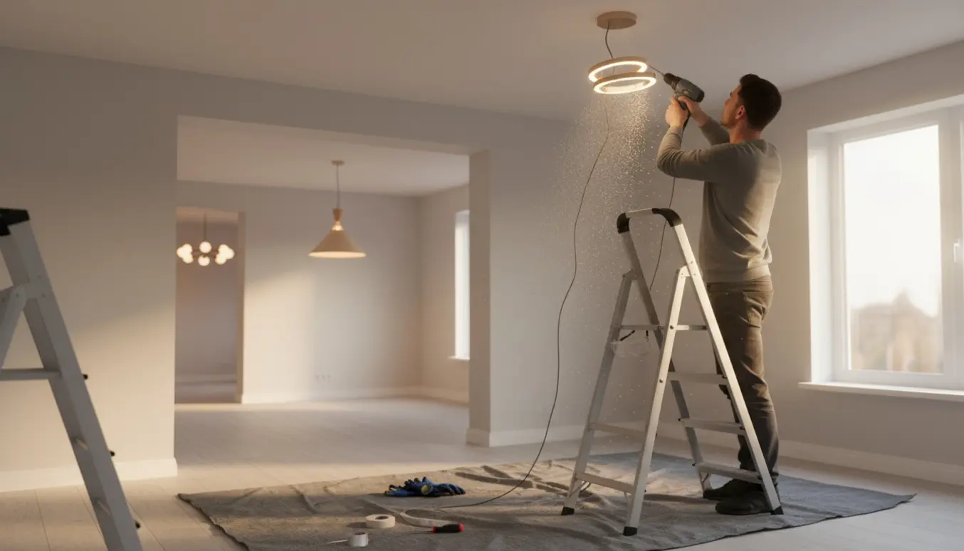 En person på en stige monterer en loftslampe med en slagboremaskine, mens to andre installerede lamper ses gennem døråbninger.