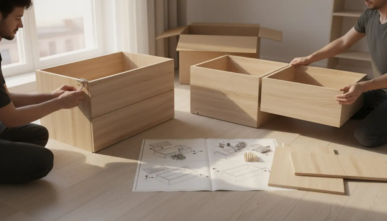 Hænder samler to fladpakkede kommoder med fire skuffer hver i et lyst stuehjørne.