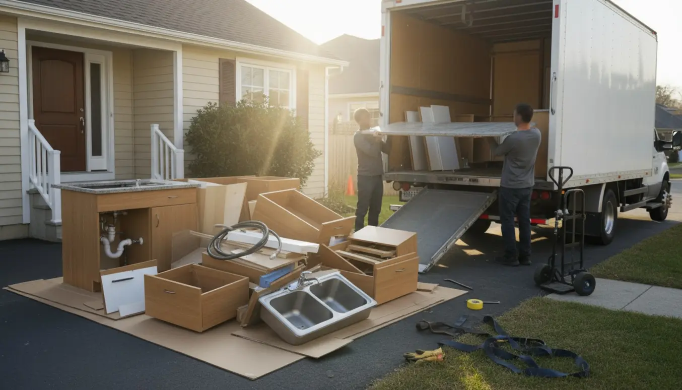 Flyttefolk læsser bordplader og nedrevet køkkeninventar ind i en varebil ved et nedrevet køkken.
