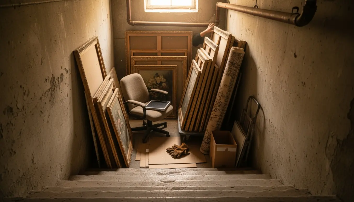 Stak af gamle malerier, tæpper og flytteudstyr i en kældertrappe klar til tømning.